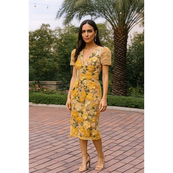 HELSI 3D Floral Mesh Midi Dress Yellow Garden Party Wedding Guest Size XS NWT - Picture 1 of 7